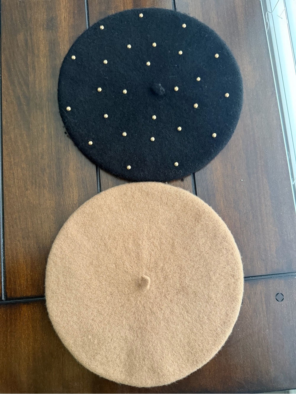 2 Wool Beret Duo in Black with Gold Studs + Camel